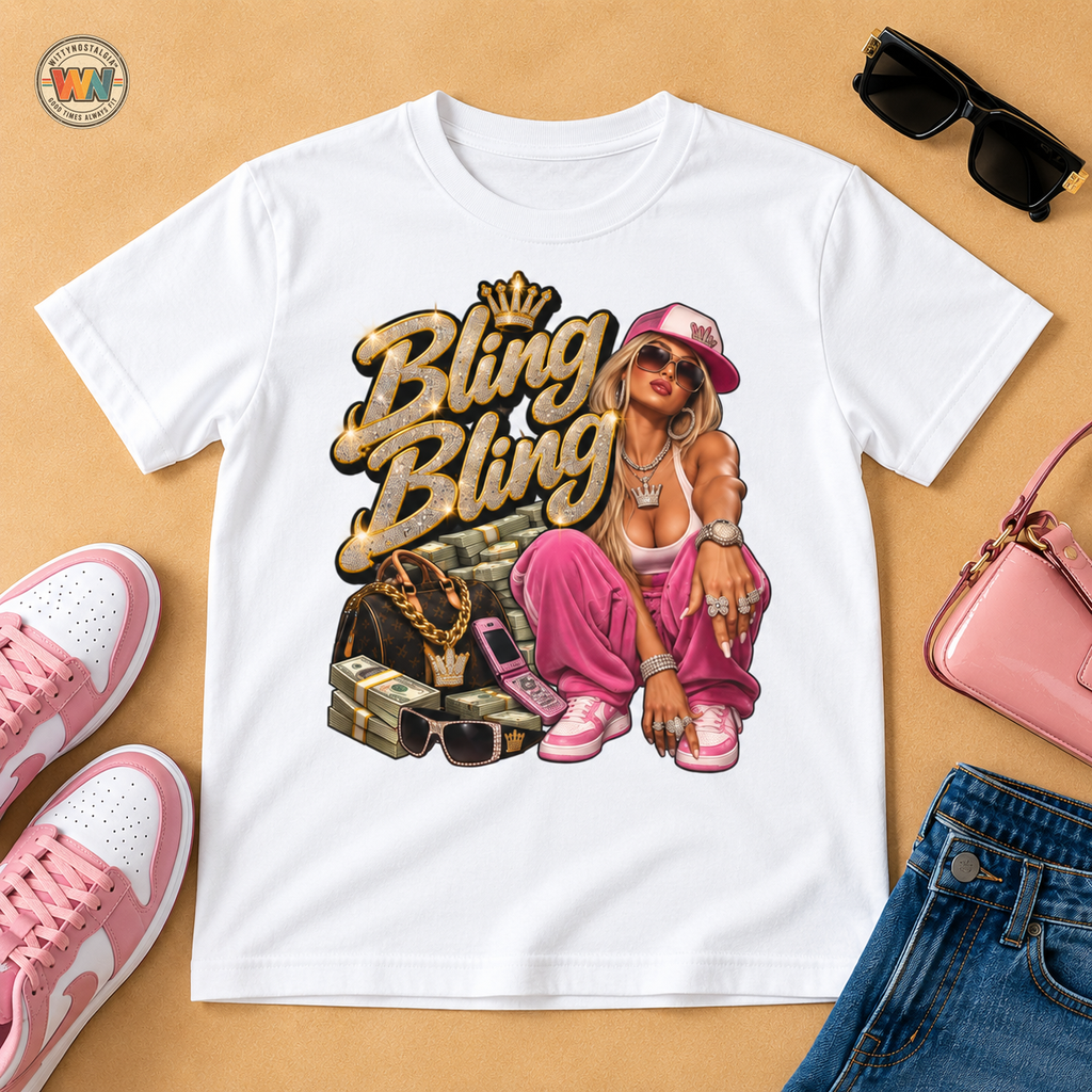 Bling Bling Graphic Tee | Retro Hip Hop Girl Illustration | 90's 00's Hip Hop Pop Culture Nostalgia