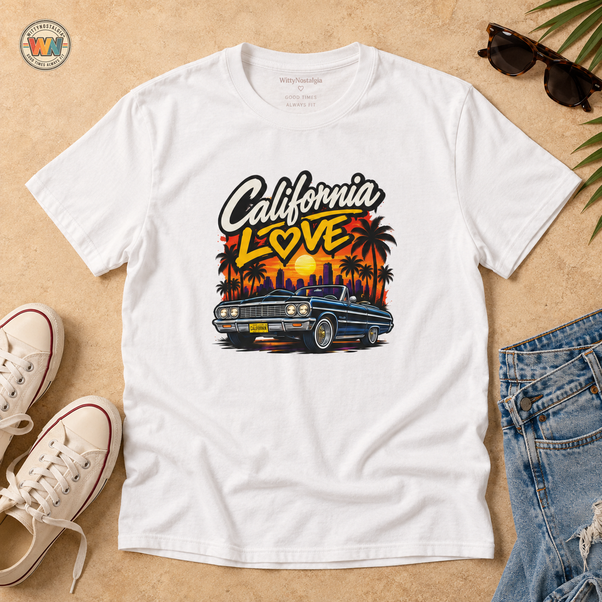 California Love T-Shirt | Sunset Palm Trees, Classic Car Beach Scene