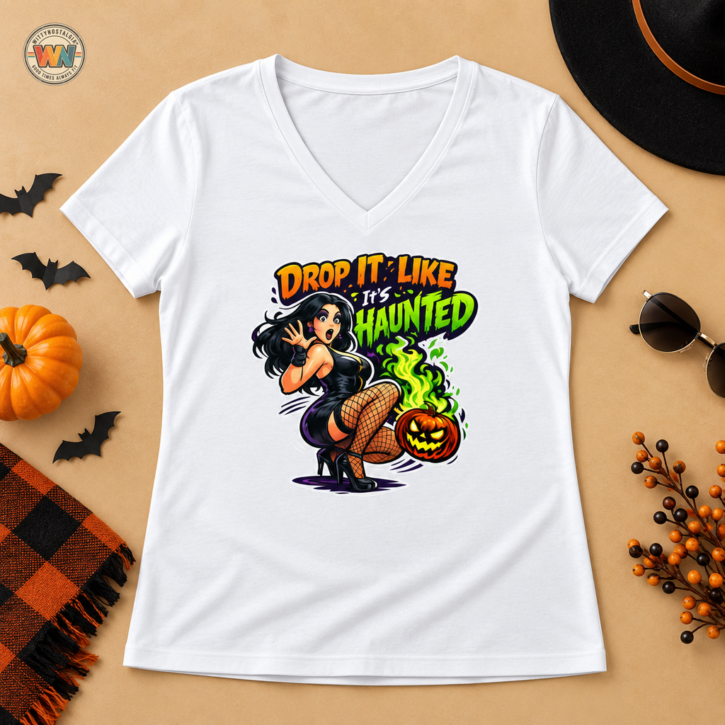 Drop It Like It's Haunted V-Neck Tee | Halloween Pinup Witch Design