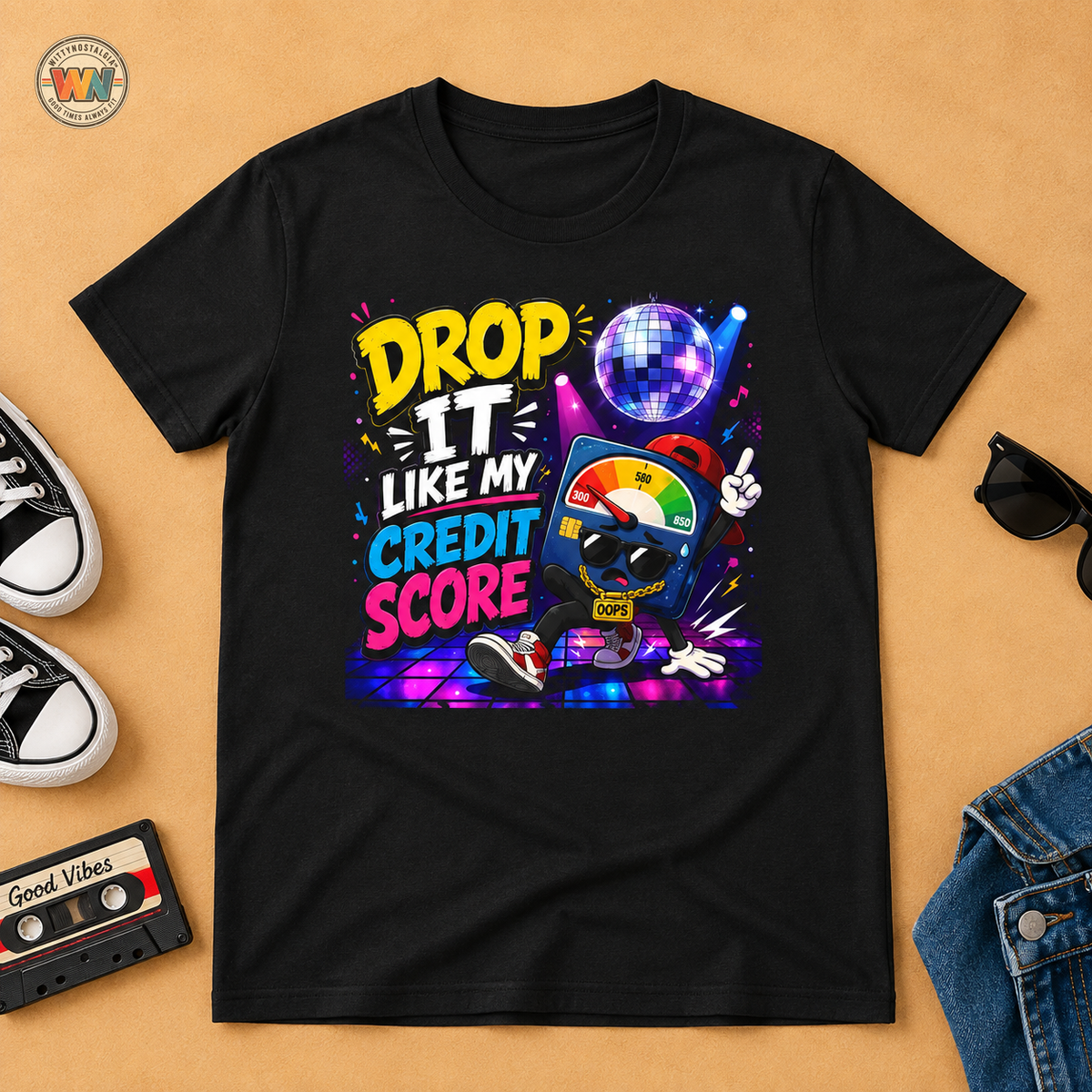 Drop It Like My Credit Score T-Shirt | Disco Ball, Funny Finance Design | 1990's 2000's Nostalgia Throwback