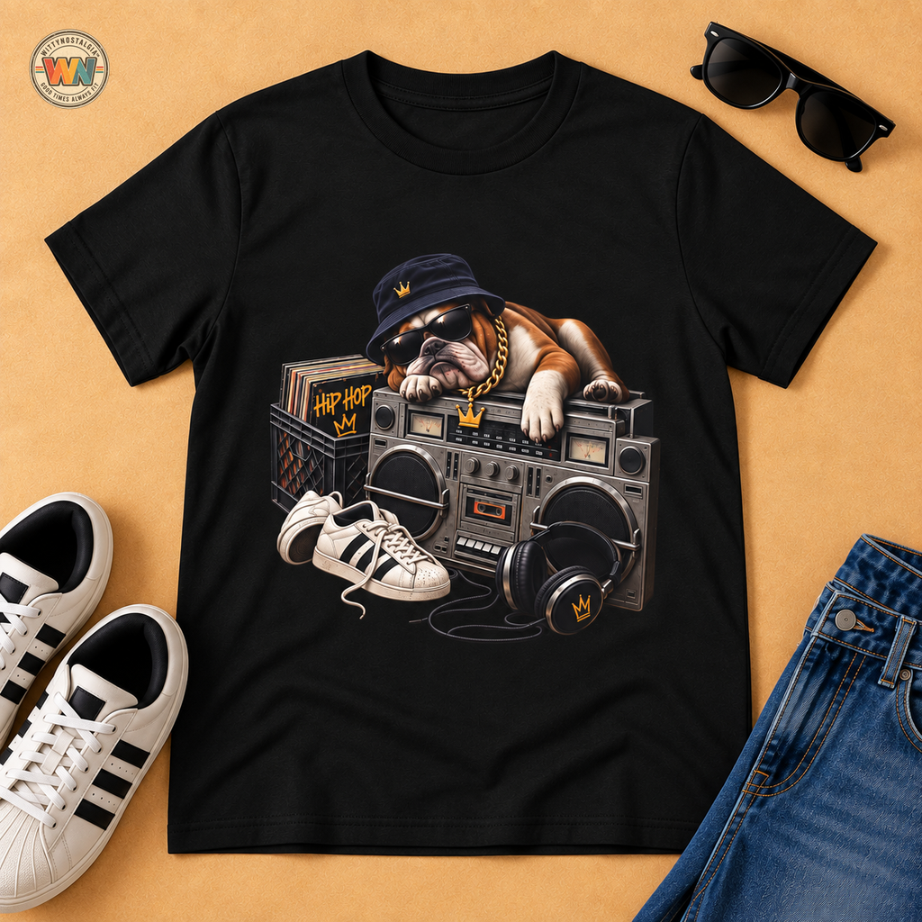 Hip Hop Bulldog DJ T-Shirt | Cute Retro Boombox Streetwear Tee