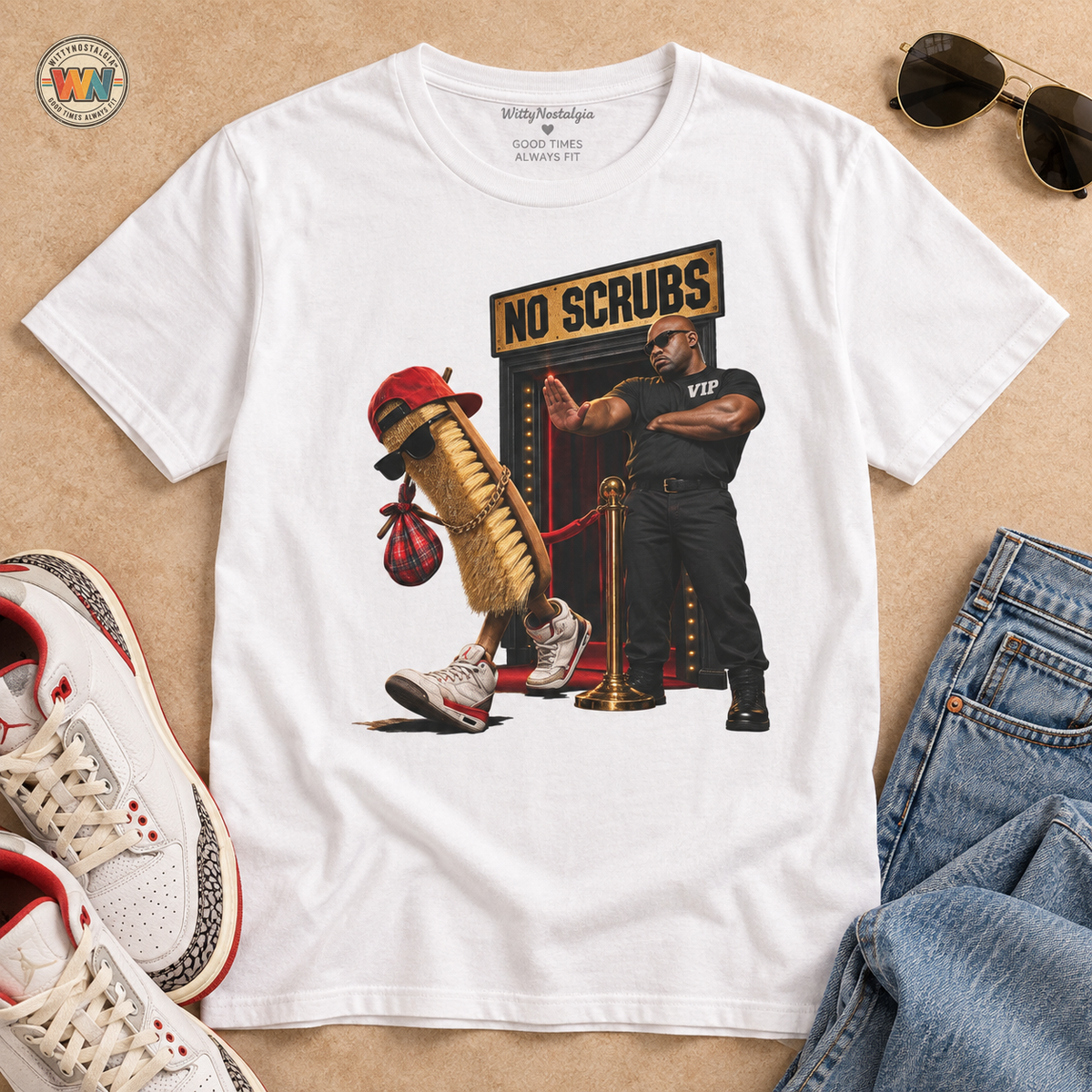 No Scrubs design T-Shirt | 90s R&B humor, VIP bouncer graphic | 1990's 2000's Nostalgia Throwback