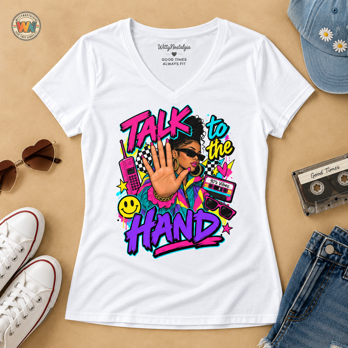 Talk to the Hand graphic tee | V-Neck T-Shirt, 90s retro pop art design | 90's 00's Hip Hop Pop Culture Nostalgia