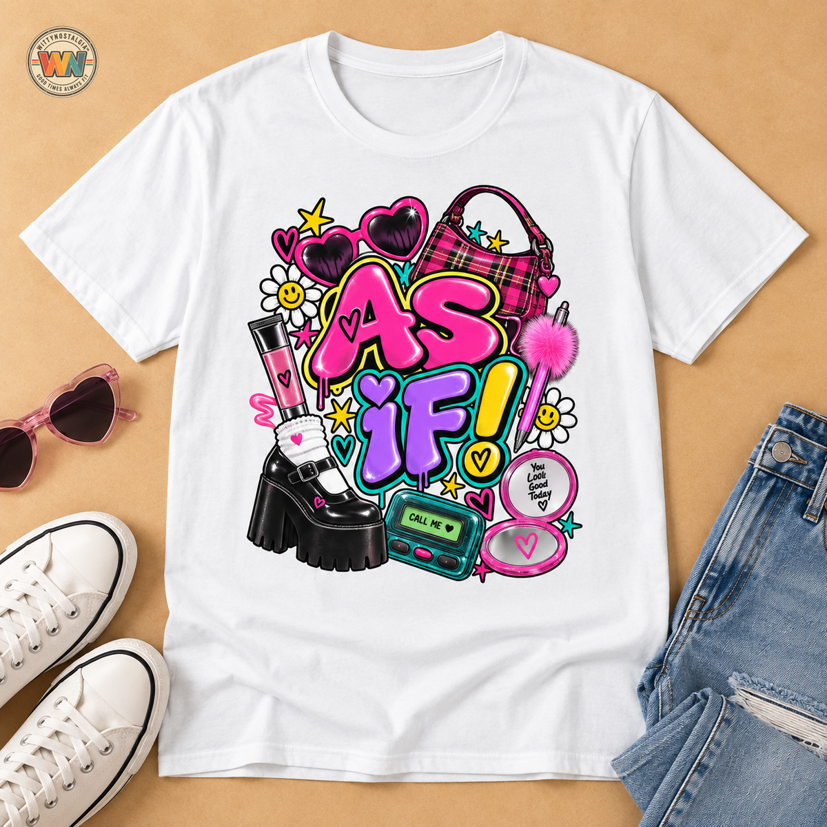 As If! Graphic Tee | 90s Y2K Retro Print, Heart Sunglasses, Plaid Bag | 90's 00's Hip Hop Pop Culture Nostalgia