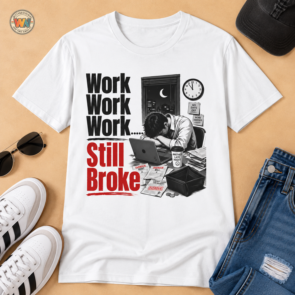 Work Work Work Still Broke T-Shirt | Funny Overworked Night Shift Tee Hip hop | 1990's 2000's Nostalgia Throwback