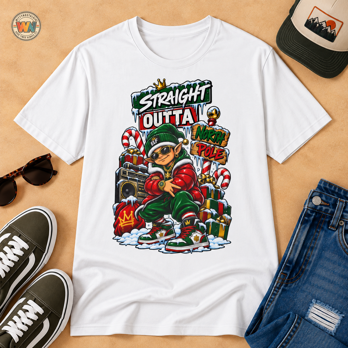 Straight Outta North Pole T-Shirt | Hip Hop Christmas Elf Streetwear | 1990's 2000's Nostalgia Throwback