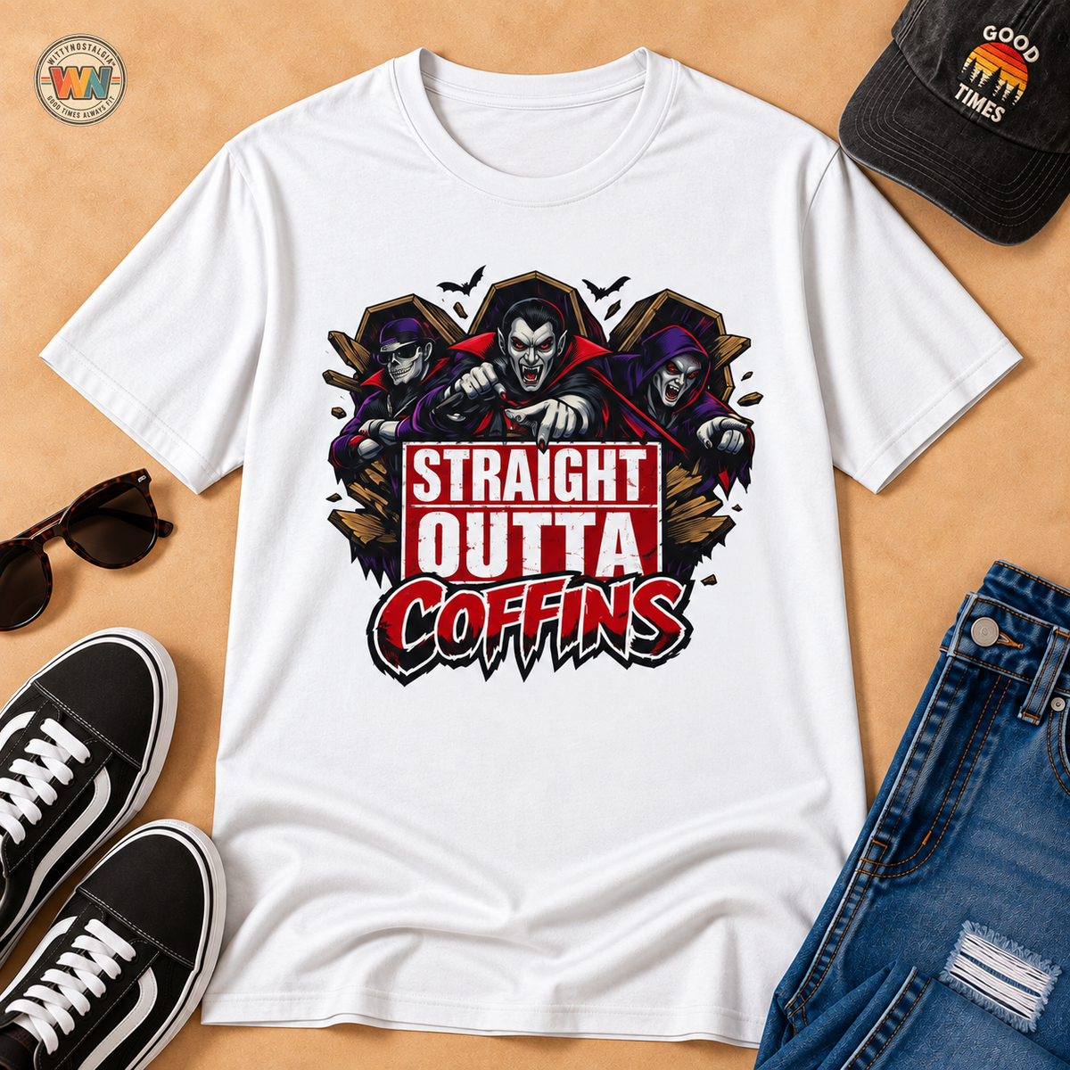 Straight Outta Coffins T-Shirt | Vampire Grim Reaper Hip Hop Halloween Design | 1990's 2000's Nostalgia Throwback