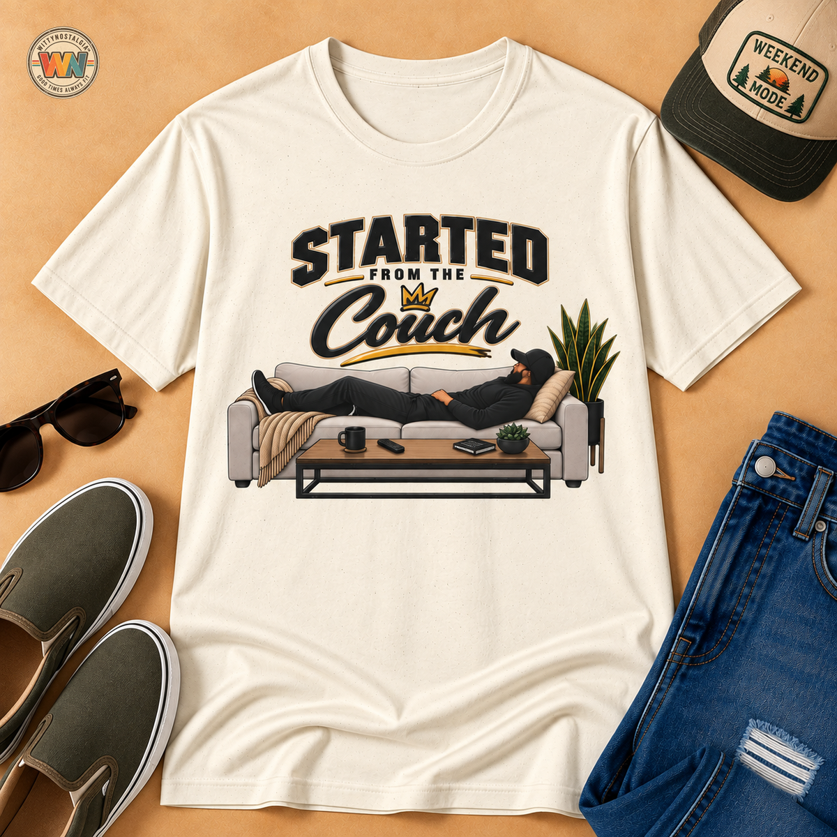 Started From The Couch T-Shirt | Lazy Home Lounge Graphic Tee | Hip Hop 1990's 2000's Nostalgia Throwback
