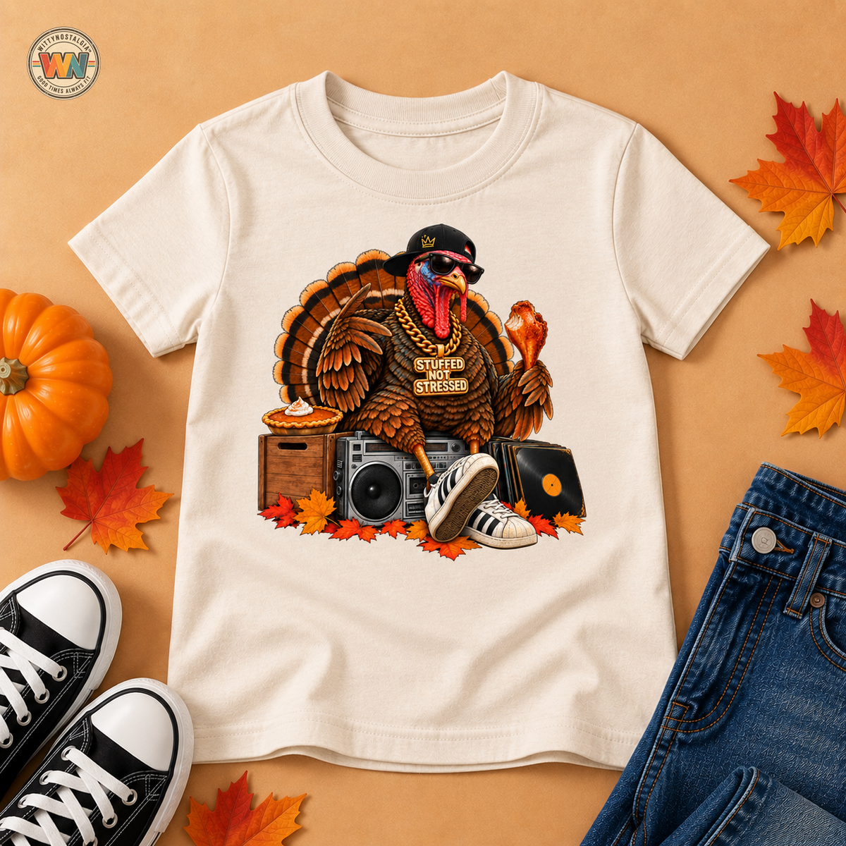 DJ Turkey Toddler Tee | Thanksgiving Turkey with Headphones, Records, Fall Leaves | 00s 90s Hip Hop