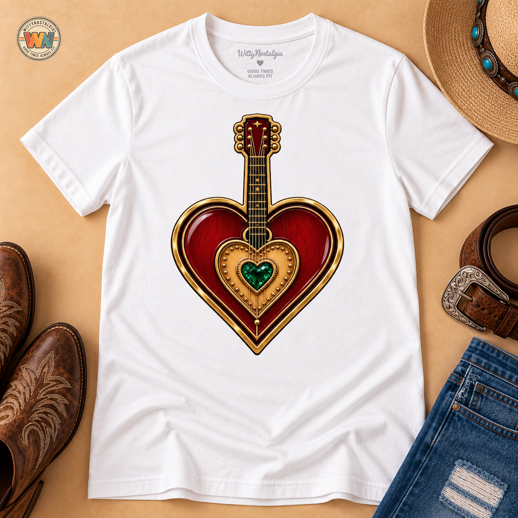 Dolly Parton Heart Guitar Graphic T-Shirt | Vintage Musical Heart Design | Tribute Country Music Legend