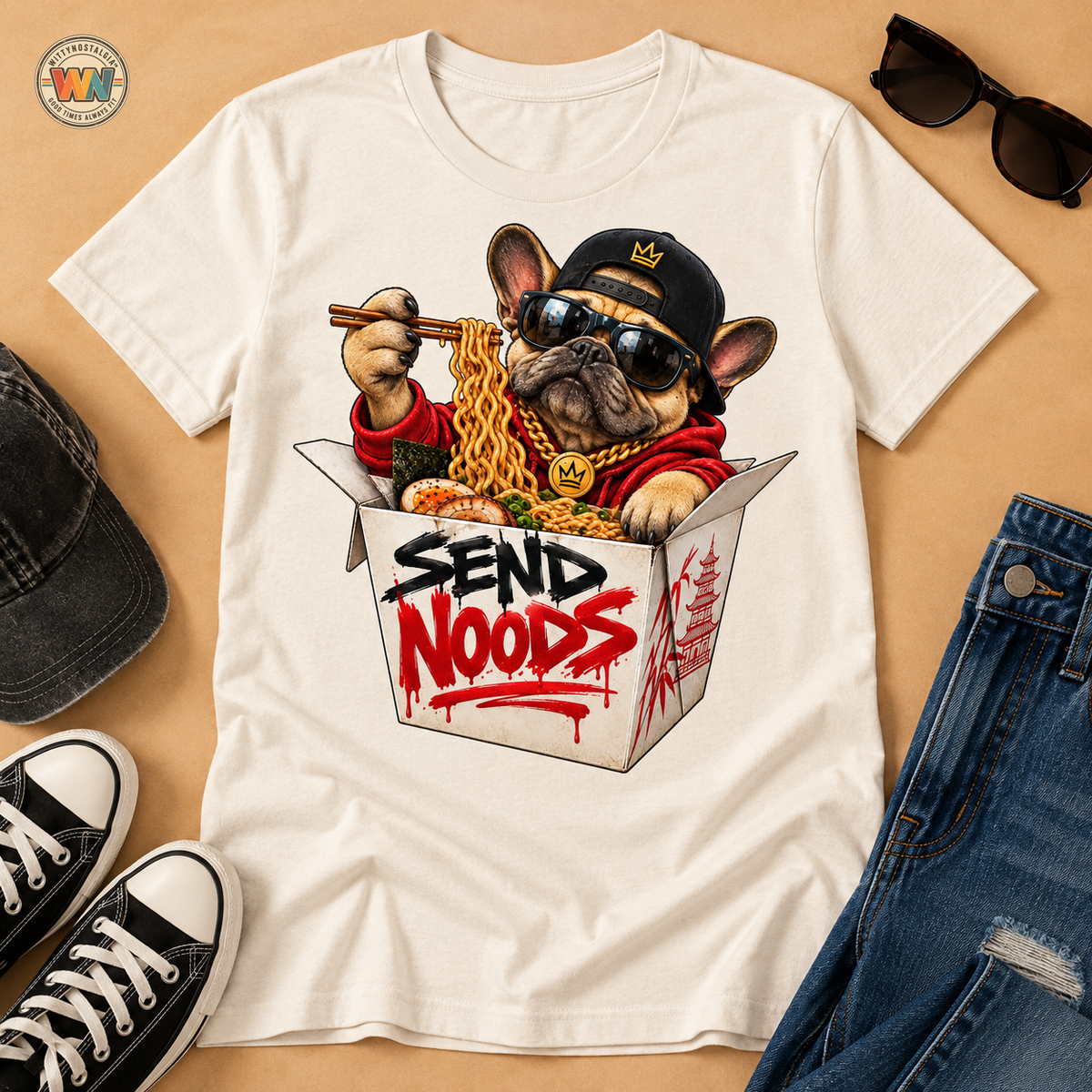 Send Noods Ramen Dog T-Shirt | Cute Dog in Noodle Box Graphic Tee | Pop Culture Noodles