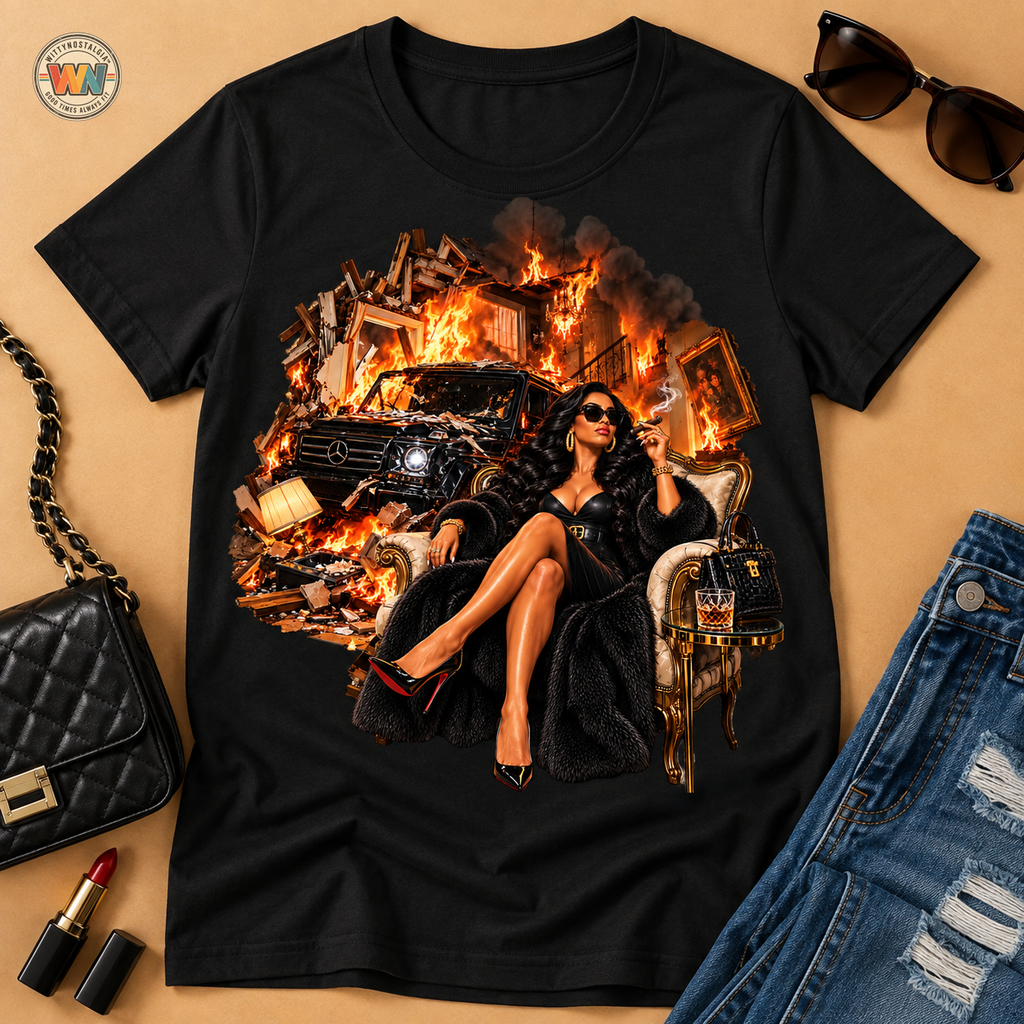 SUV house Smoking T-Shirt | Vintage Pinup Woman, Burnout Scene | Mallory Beauty Burn