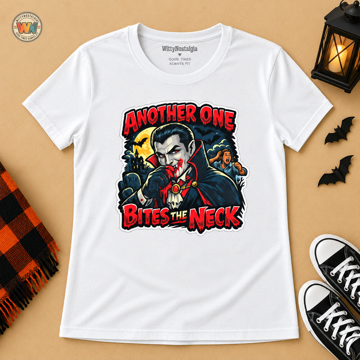 Another One Bites the Neck Halloween T-Shirt | Vampire Horror Graphic Tee | 90s 00s Nostalgia Hip Hop Pop Culture