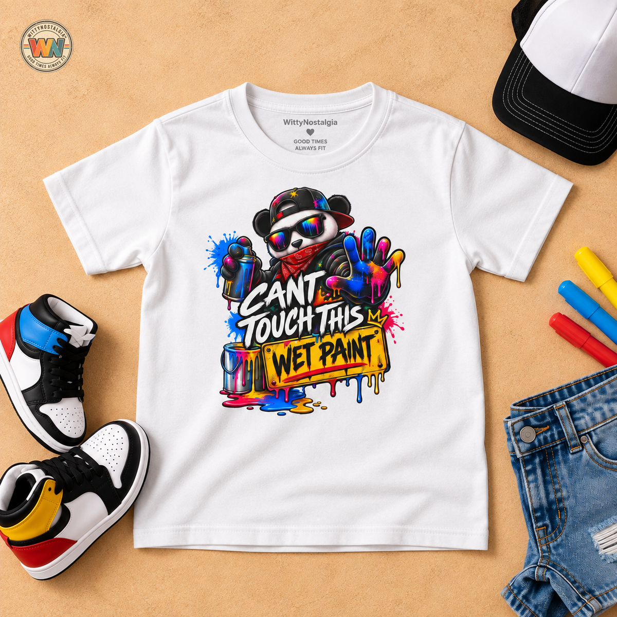 Cant Touch This Wet Paint Kids Tee | Colorful Graffiti Bear Design