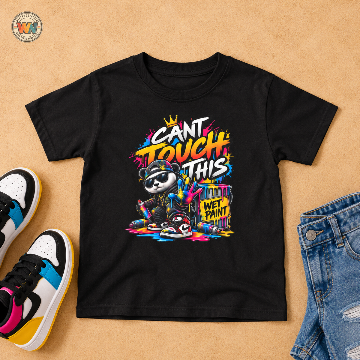 Cant Touch This Skateboard Panda Kids T-Shirt | Retro Graffiti Street