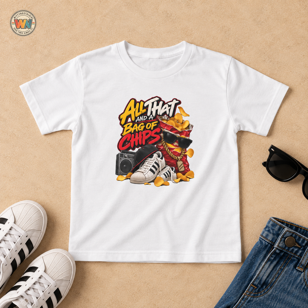 All That and a Bag of Chips Kid Tee | Retro Chips Cartoon Snack Design | 90's 00's Hip Hop Pop Culture