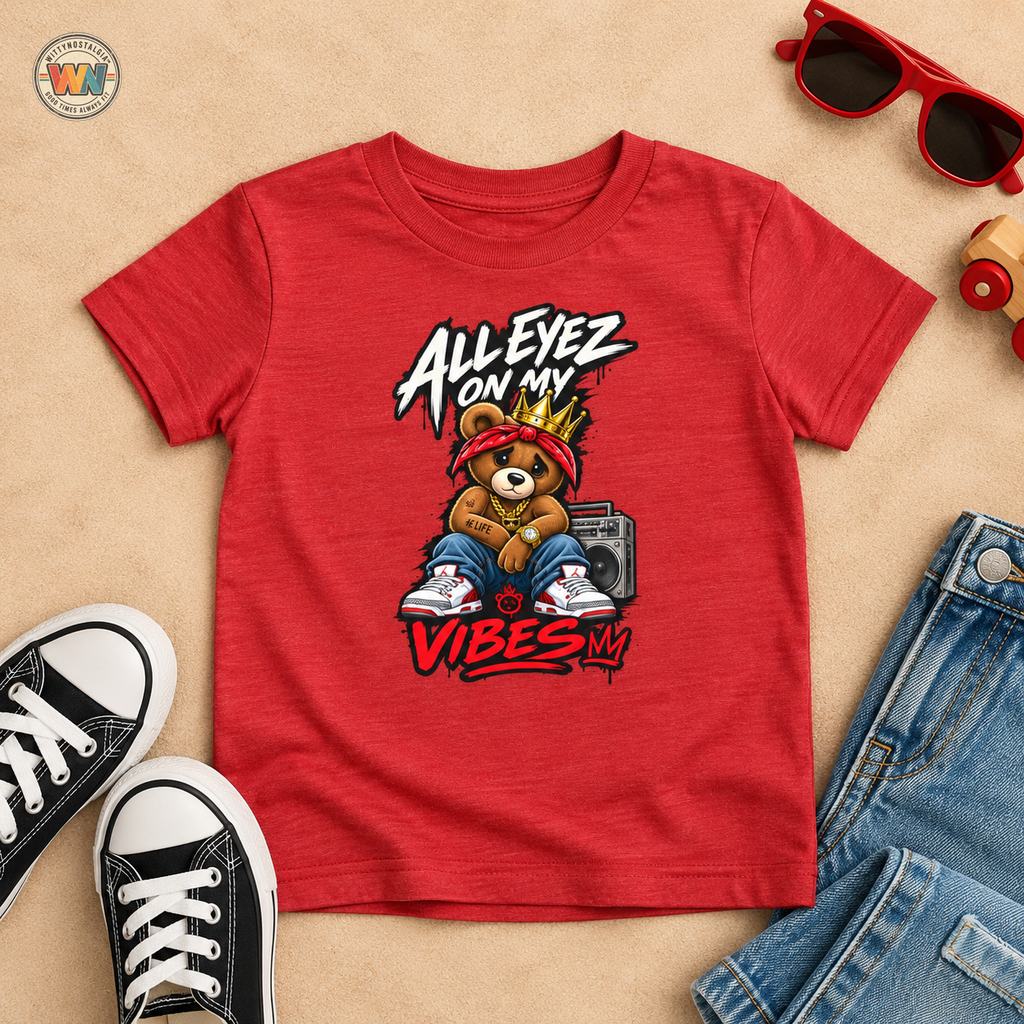 All Eyez On My Vibes Teddy Bear Toddler Tee | Hip Hop Boombox Graphic