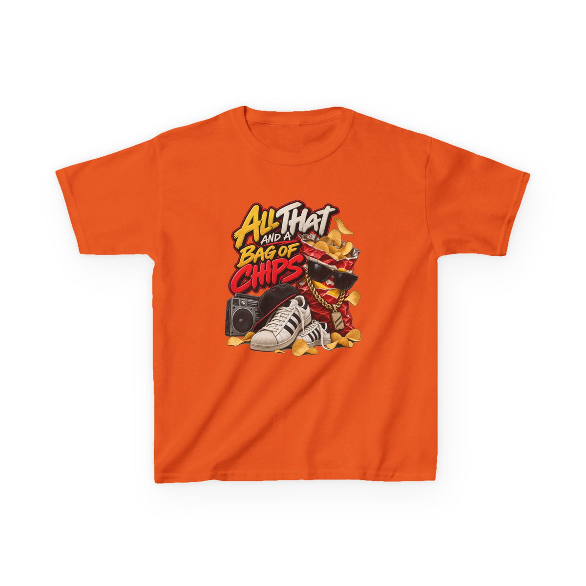 All That and a Bag of Chips Kid Tee | Retro Chips Cartoon Snack Design | 90's 00's Hip Hop Pop Culture
