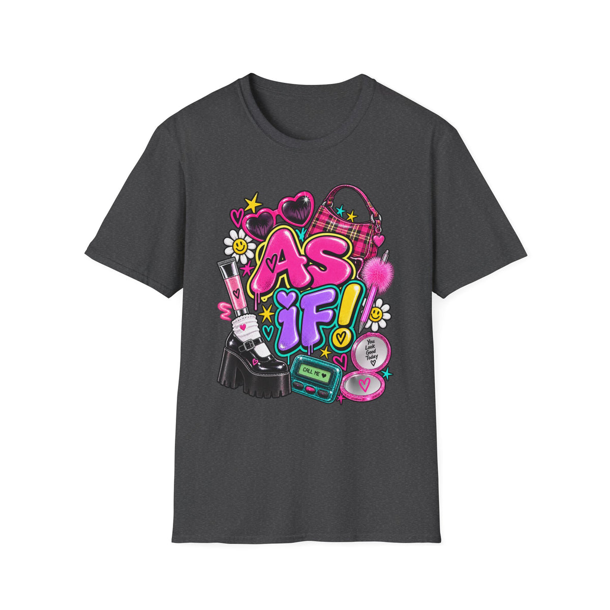 As If! Graphic Tee | 90s Y2K Retro Print, Heart Sunglasses, Plaid Bag | 90's 00's Hip Hop Pop Culture Nostalgia