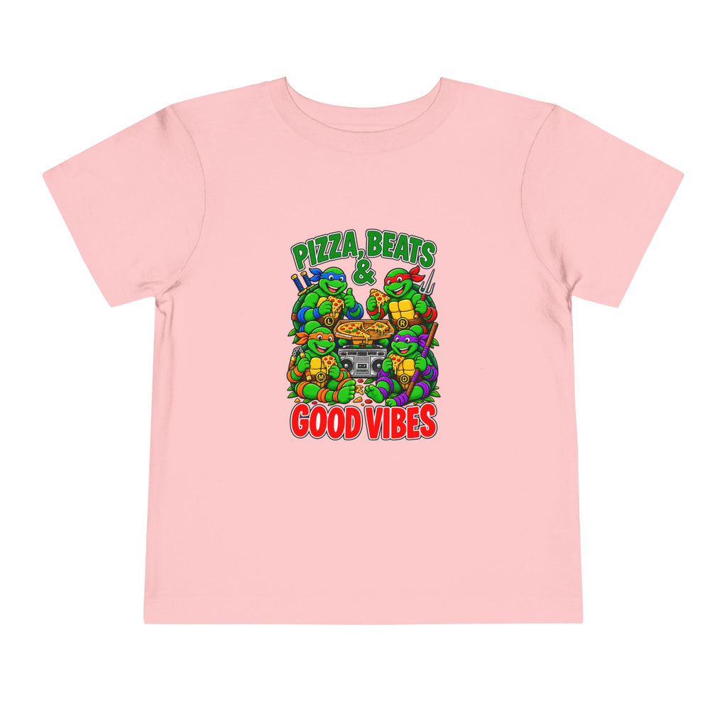 Pizza, Beats and Good Vibes Toddler Tee | Cartoon Pizza Party Design