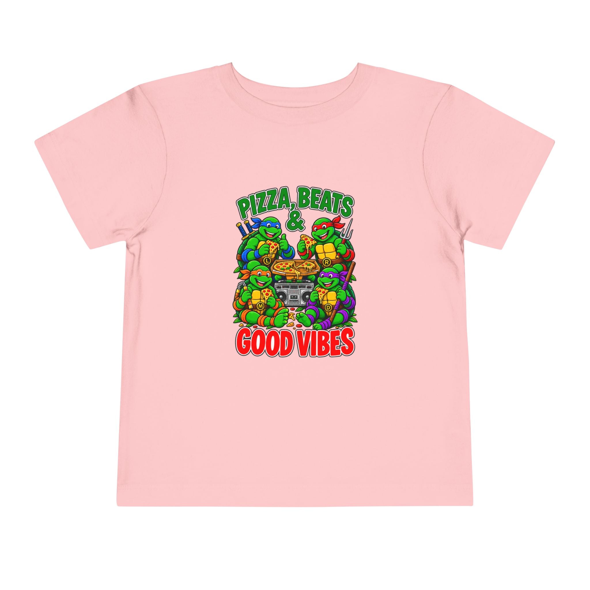 Pizza, Beats and Good Vibes Toddler Tee | Cartoon Pizza Party Design