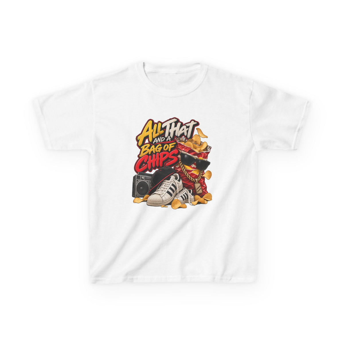 All That and a Bag of Chips Kid Tee | Retro Chips Cartoon Snack Design | 90's 00's Hip Hop Pop Culture