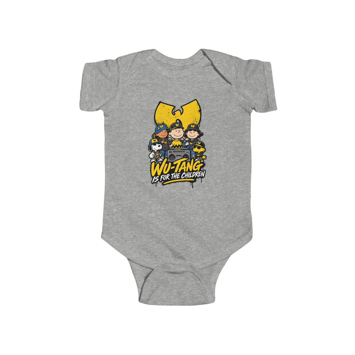 Wu-Tang Is For the Children Yellow Cartoon Crew Infant Bodysuit | Hip Hop Logo Baby Onesie | 90s 00s Hip Hop Nostalgia Pop Culture