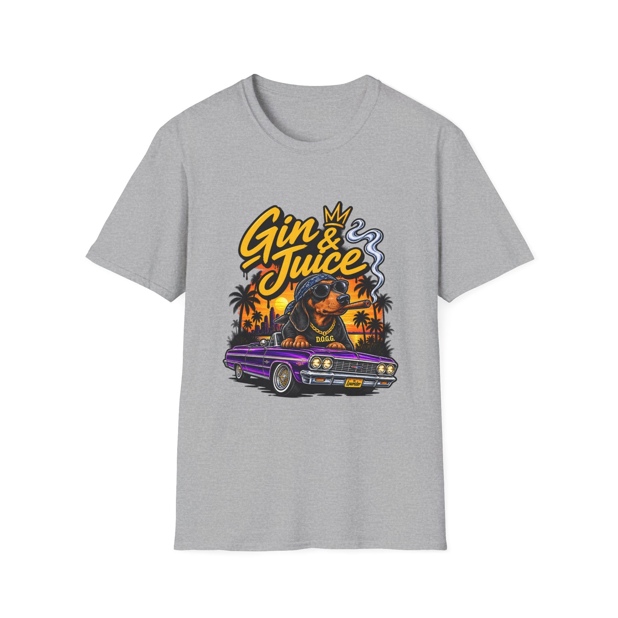 Gin & Juice Graphic Tee | Lowrider Dog Sunset Illustration | 1990's 2000's Nostalgia Throwback