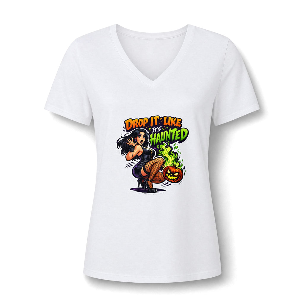 Drop It Like It's Haunted V-Neck Tee | Halloween Pinup Witch Design