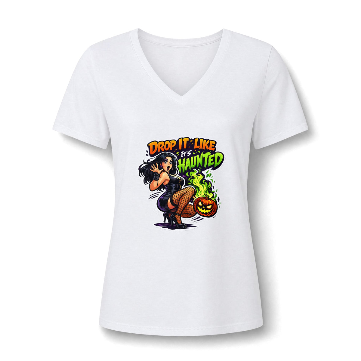 Drop It Like It's Haunted V-Neck Tee | Halloween Pinup Witch Design
