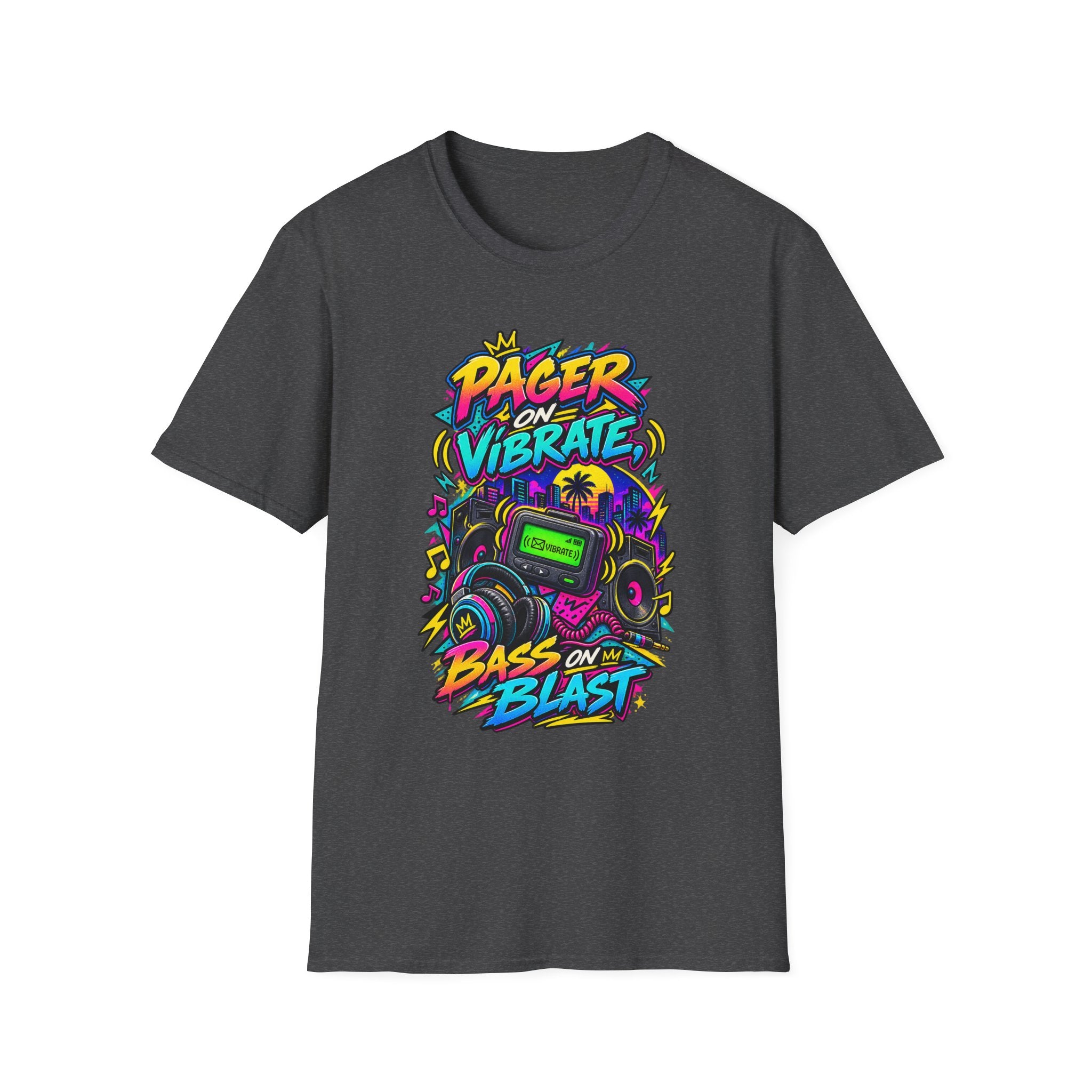 Pager on Vibrate Retro 90s Graphic T-Shirt | Bass on Blast Neon Boombox | 1990's 2000's Nostalgia Throwback