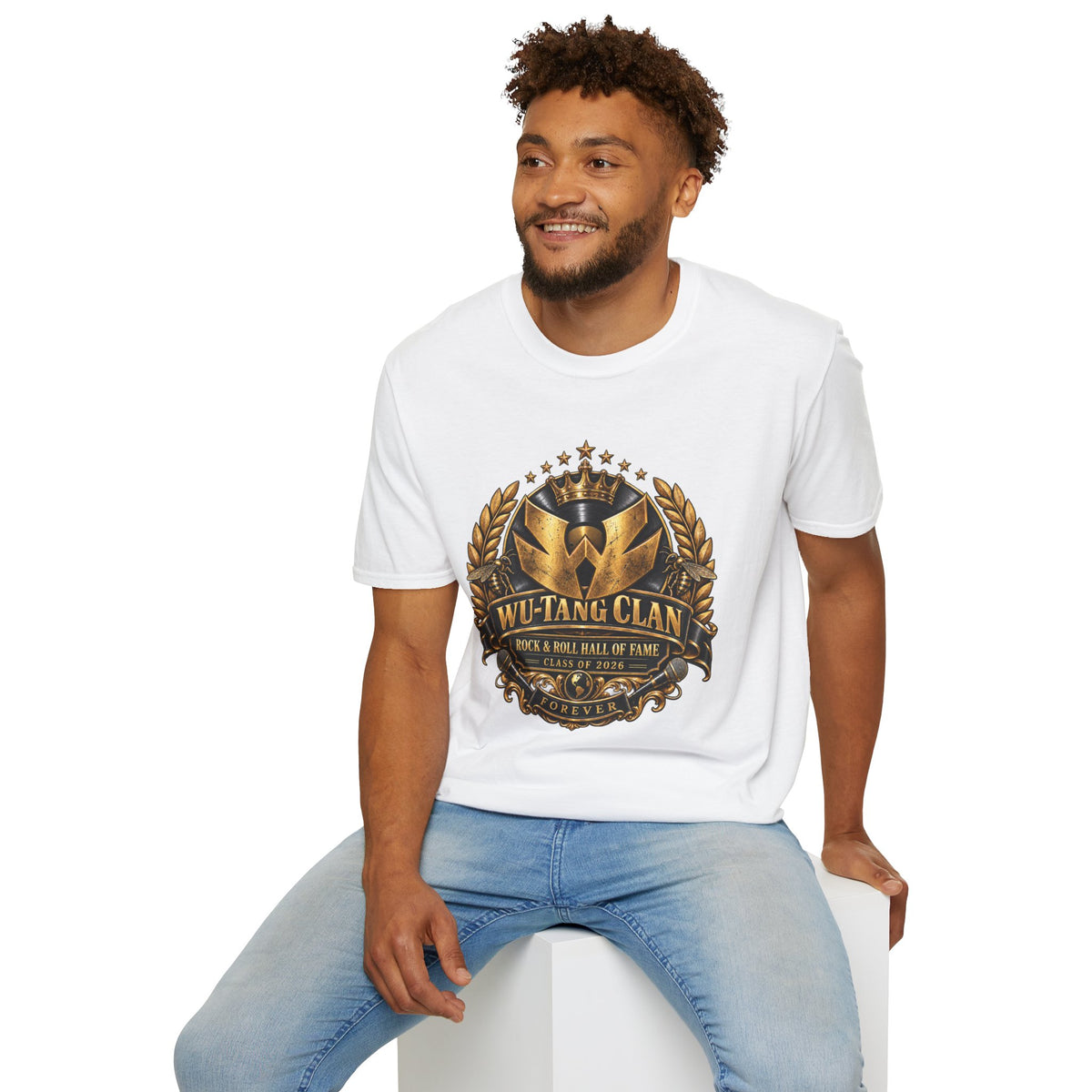 Wu-Tang Clan Rock and Roll Hall of Fame T-Shirt | Gold emblem, laurel wreath, hip hop logo | 90s 00s Hip Hop Nostalgia Pop Culture