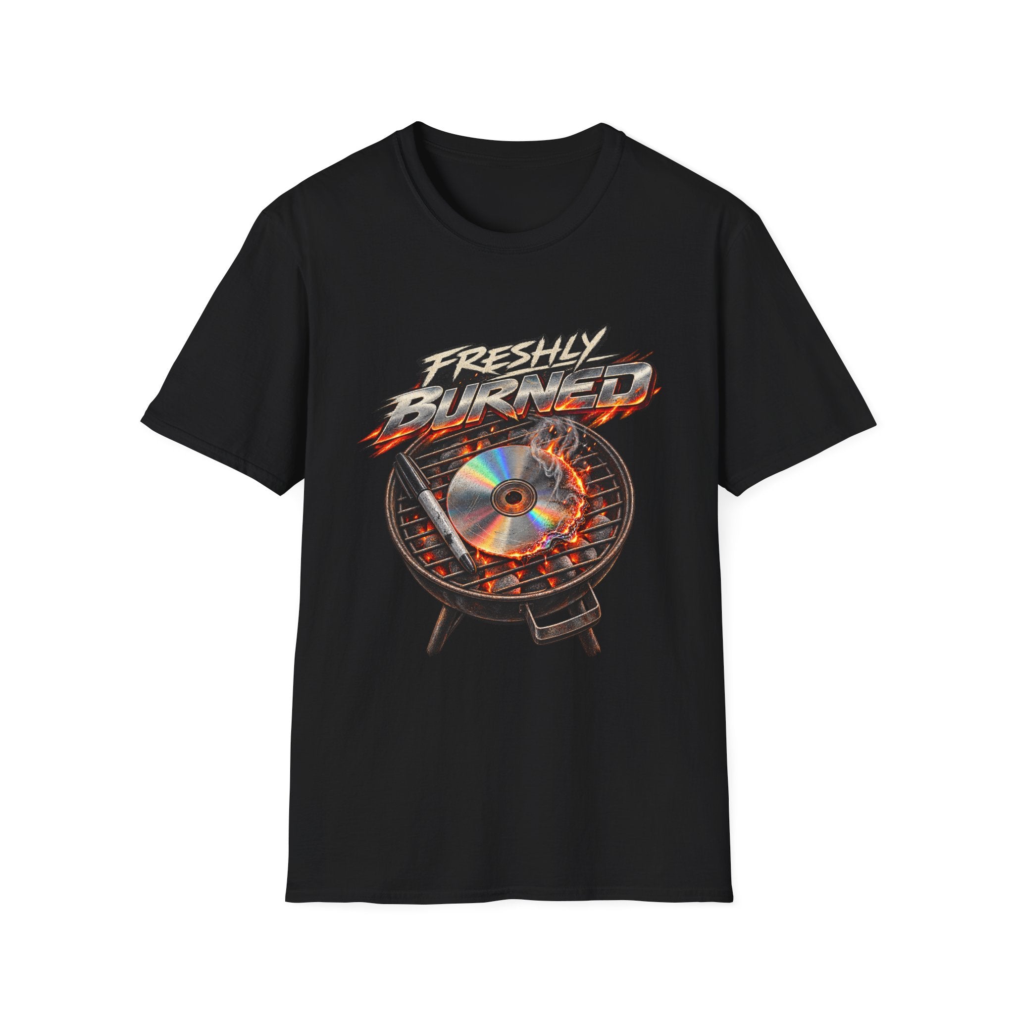 Freshly Burned CD Grill Graphic T-Shirt | Retro Metal Flame Design | 1990's 2000's Nostalgia Throwback
