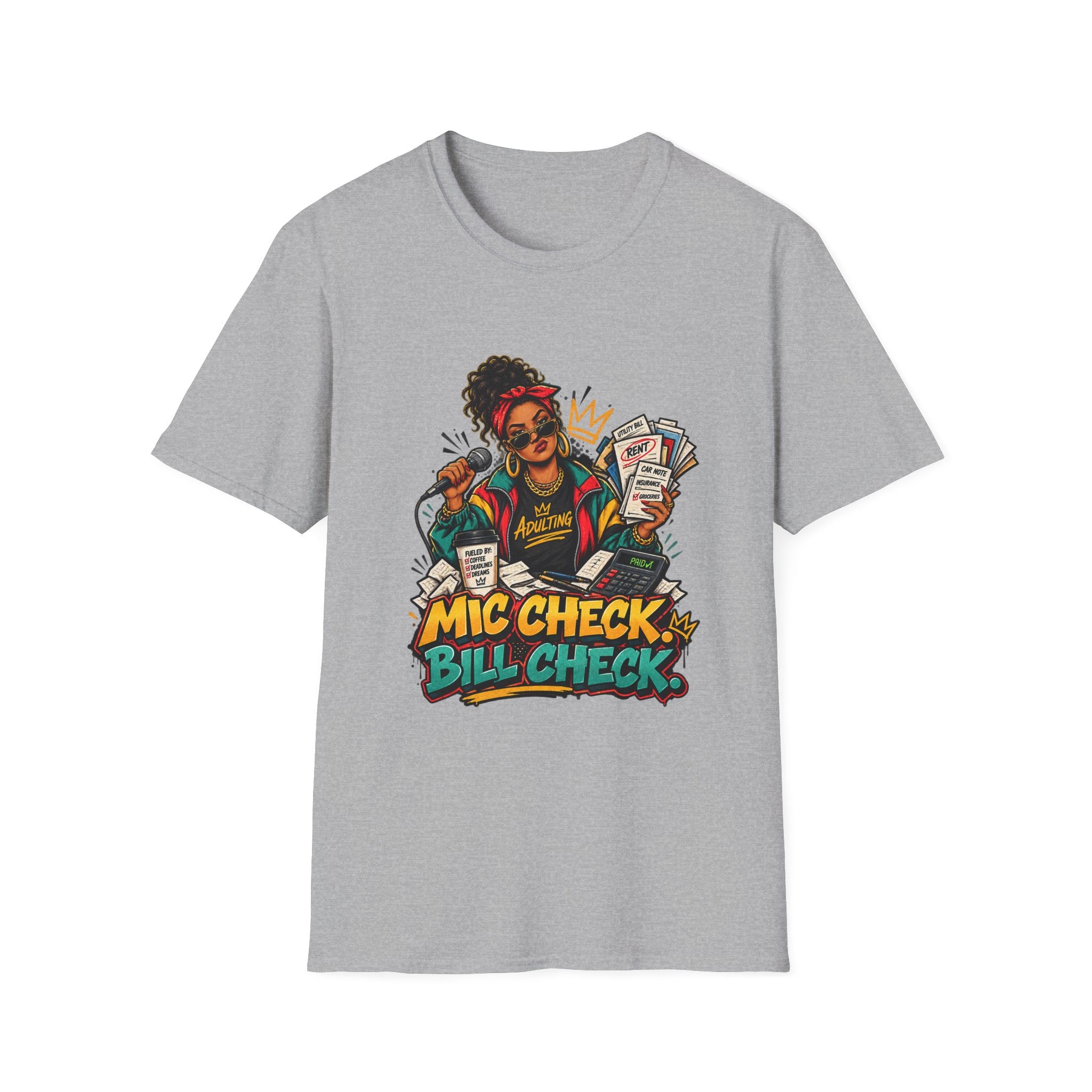 Mic Check Bill Check T-Shirt | Funny Adulting Design, Woman with Microphone and Bills | 1990's 2000's Nostalgia Throwback