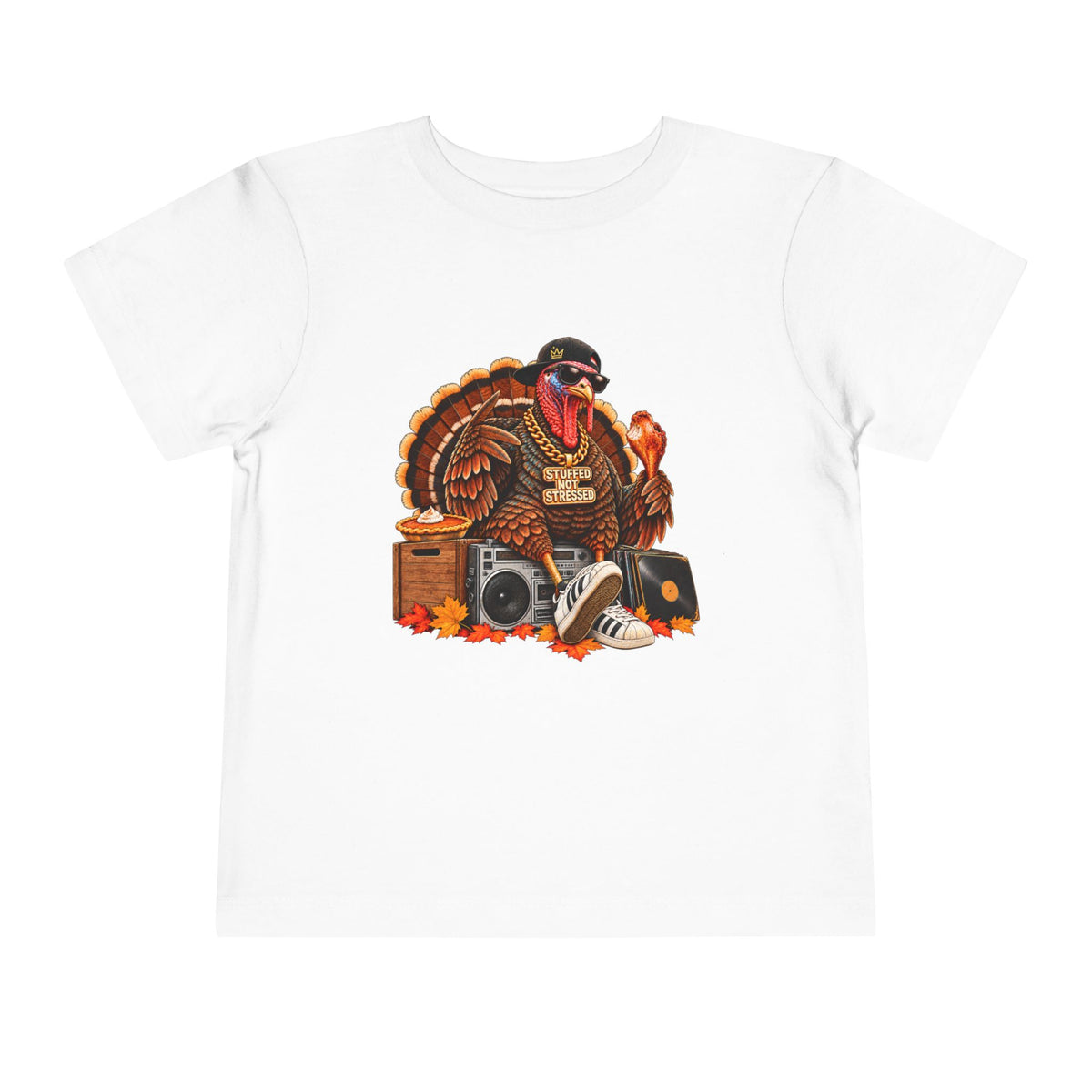 DJ Turkey Toddler Tee | Thanksgiving Turkey with Headphones, Records, Fall Leaves | 00s 90s Hip Hop