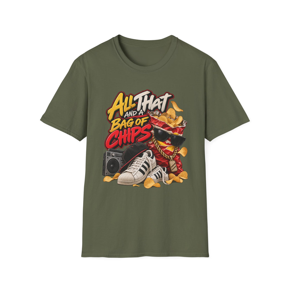 All That and a Bag of Chips T-Shirt | Retro Snack Graphic Tee | 90's 00's Hip Hop Pop Culture