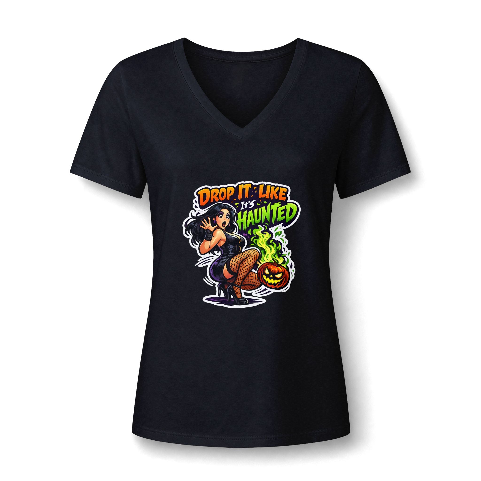 Drop It Like It's Haunted V-Neck Tee | Halloween Pinup Witch Design