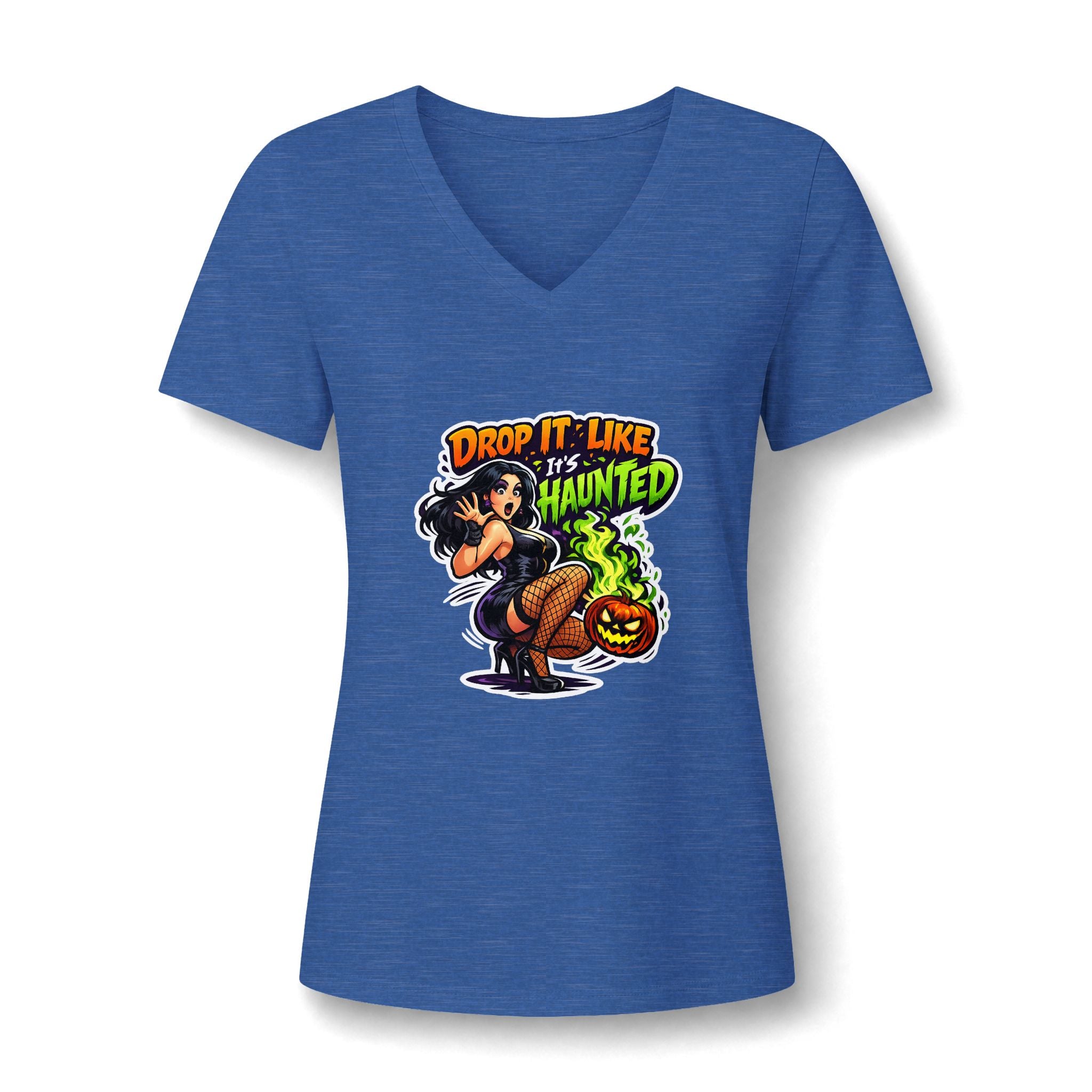 Drop It Like It's Haunted V-Neck Tee | Halloween Pinup Witch Design