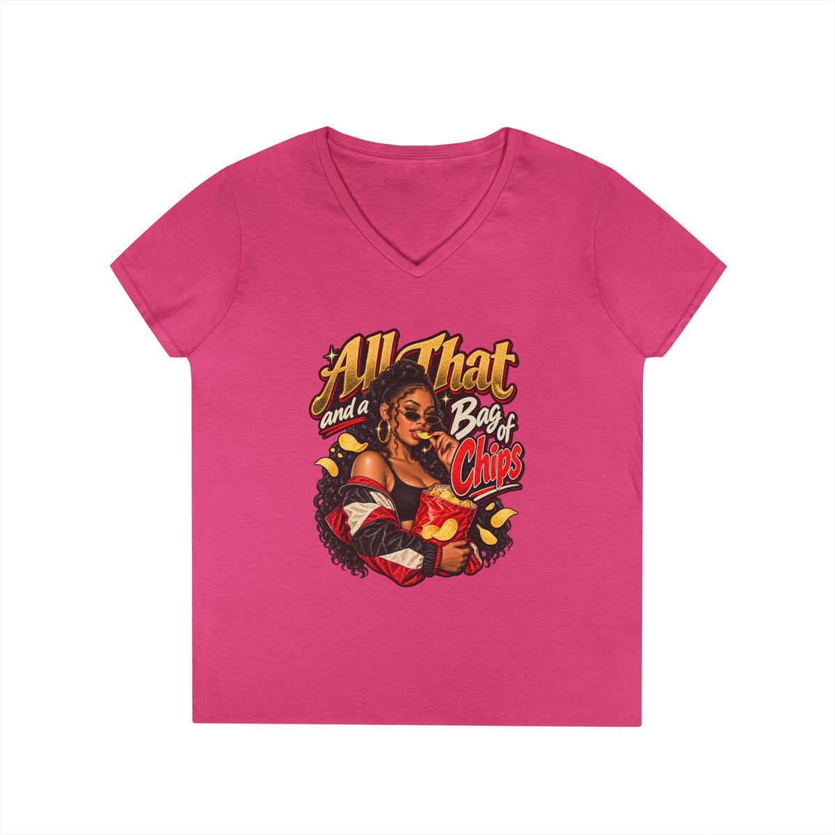 All That and a Bag of Chips V-Neck T-Shirt | Retro Pinup Snack Graphic | 90s 00s Hip Hop Pop Culture Nostalgia