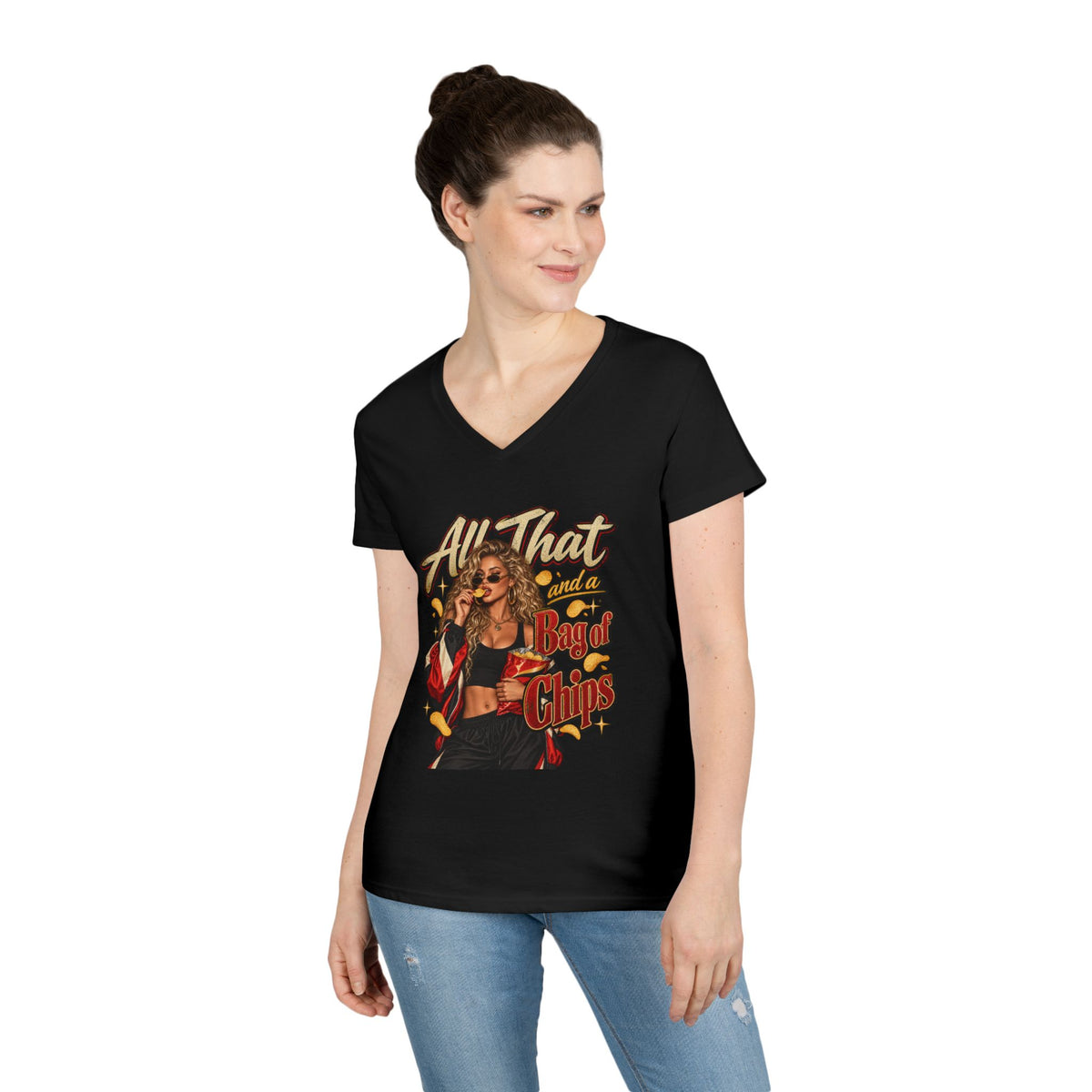 All That And A Bag of Chips Graphic V-Neck Tee | Retro Pinup Illustration | 90's 00's Hip Hop Pop Culture Nostalgia