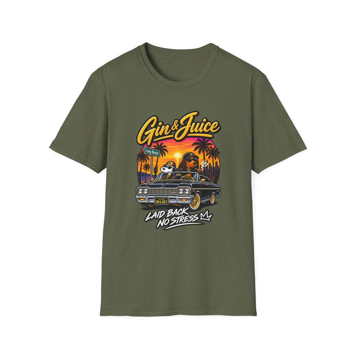 Gin & Juice Beach Sunset T-Shirt | Laidback Lowrider Palm Tree Design |  1990's 2000's Nostalgia Throwback
