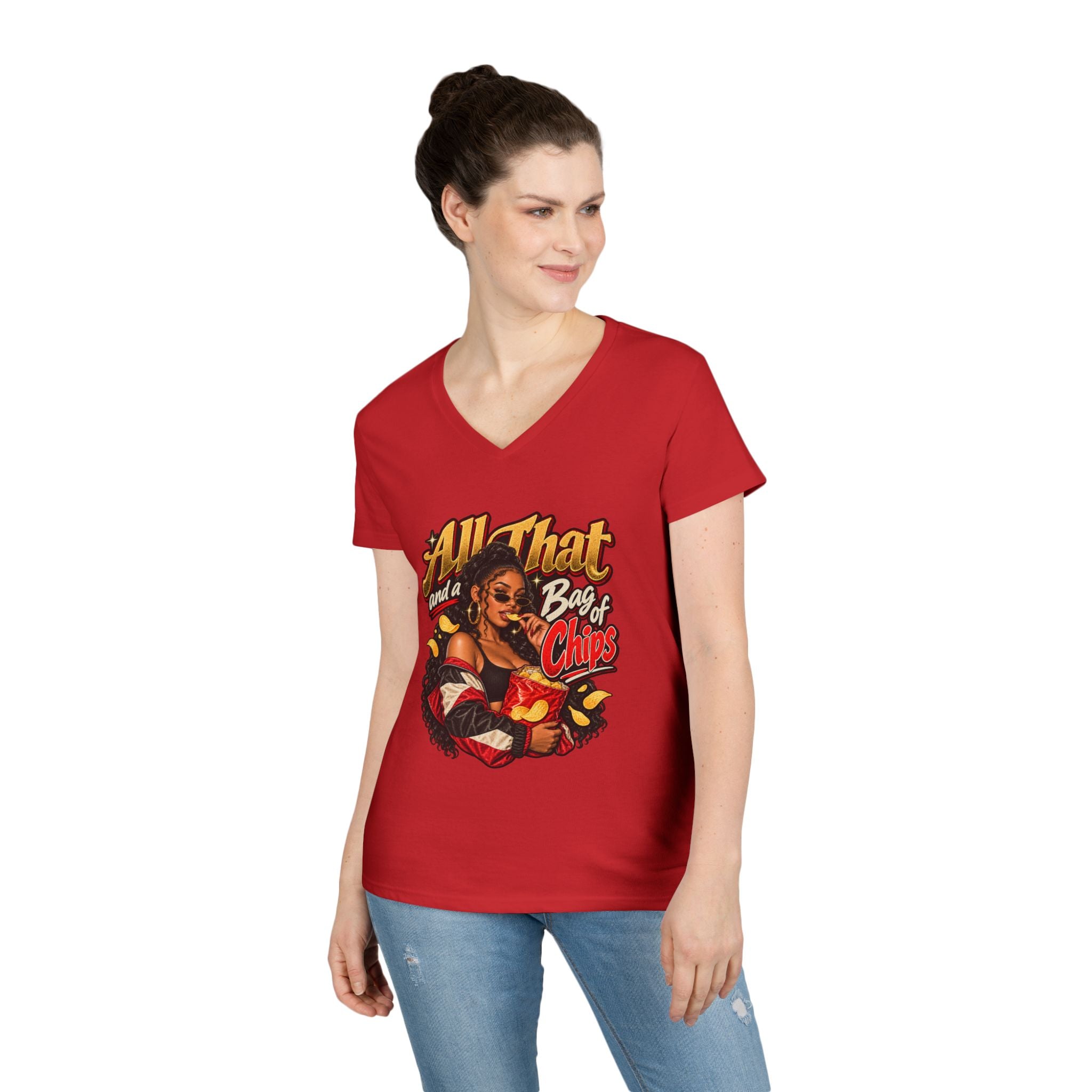All That and a Bag of Chips V-Neck T-Shirt | Retro Pinup Snack Graphic | 90s 00s Hip Hop Pop Culture Nostalgia