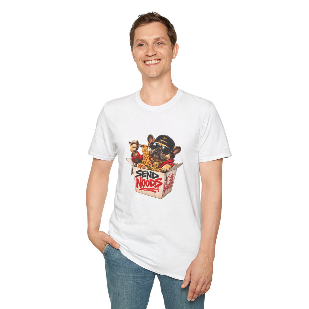 Send Noods Ramen Dog T-Shirt | Cute Dog in Noodle Box Graphic Tee | Pop Culture Noodles