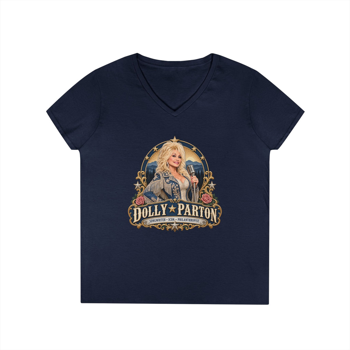 Dolly Parton Portrait V-Neck Tribute T-Shirt | Country Music Icon Tee