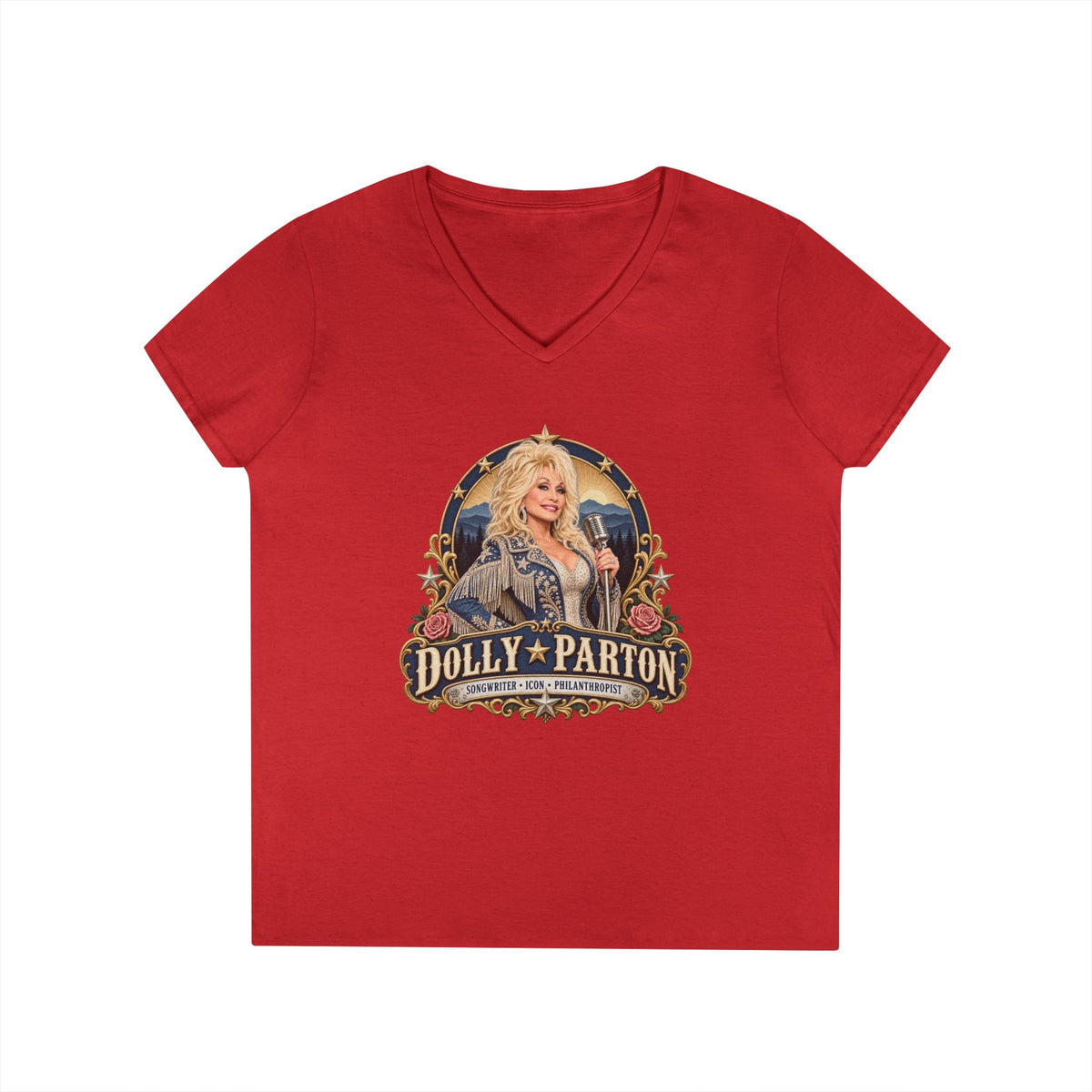 Dolly Parton Portrait V-Neck Tribute T-Shirt | Country Music Icon Tee
