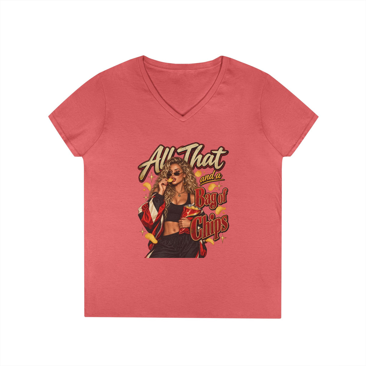 All That And A Bag of Chips Graphic V-Neck Tee | Retro Pinup Illustration | 90's 00's Hip Hop Pop Culture Nostalgia