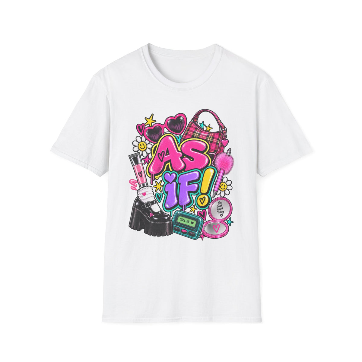 As If! Graphic Tee | 90s Y2K Retro Print, Heart Sunglasses, Plaid Bag | 90's 00's Hip Hop Pop Culture Nostalgia