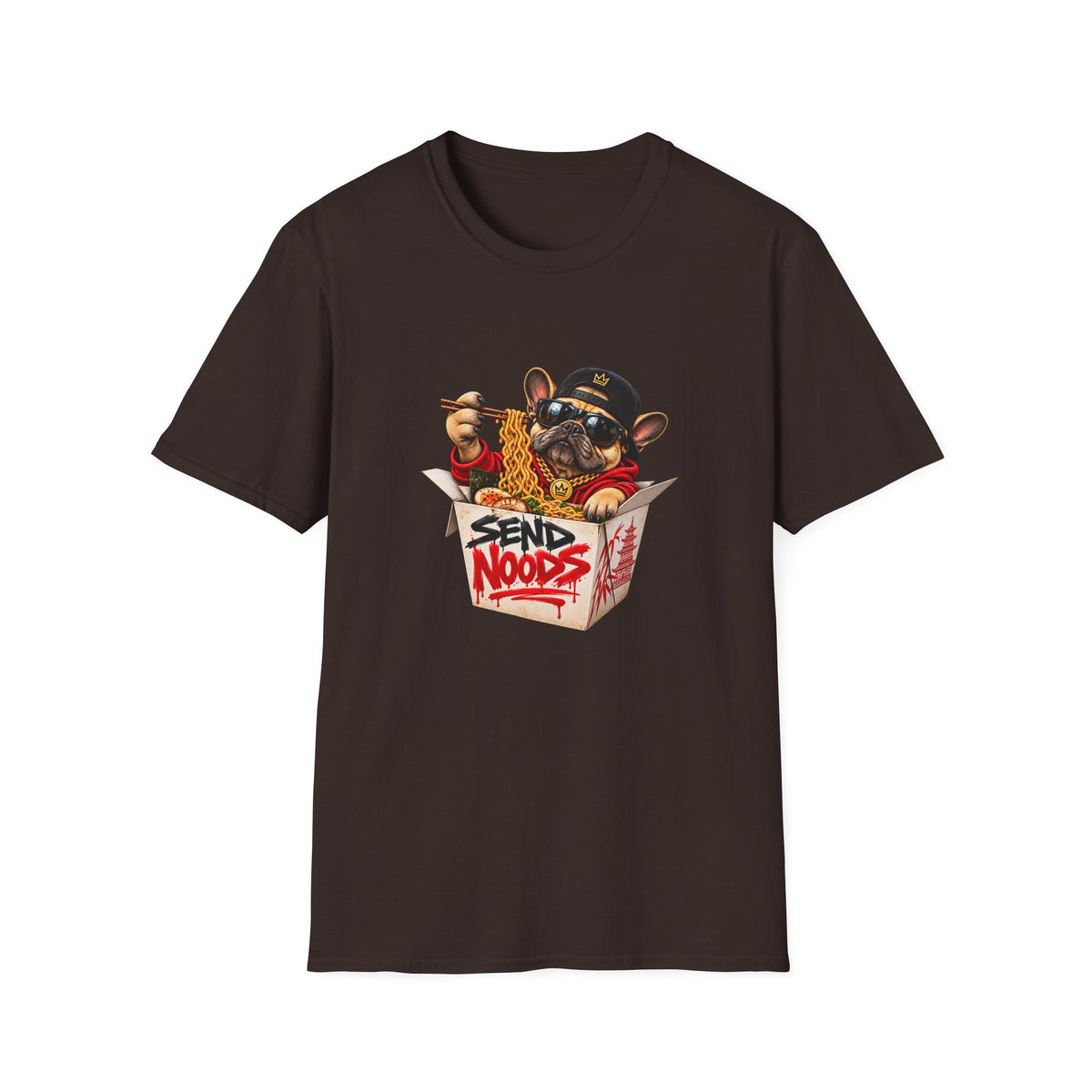 Send Noods Ramen Dog T-Shirt | Cute Dog in Noodle Box Graphic Tee | Pop Culture Noodles