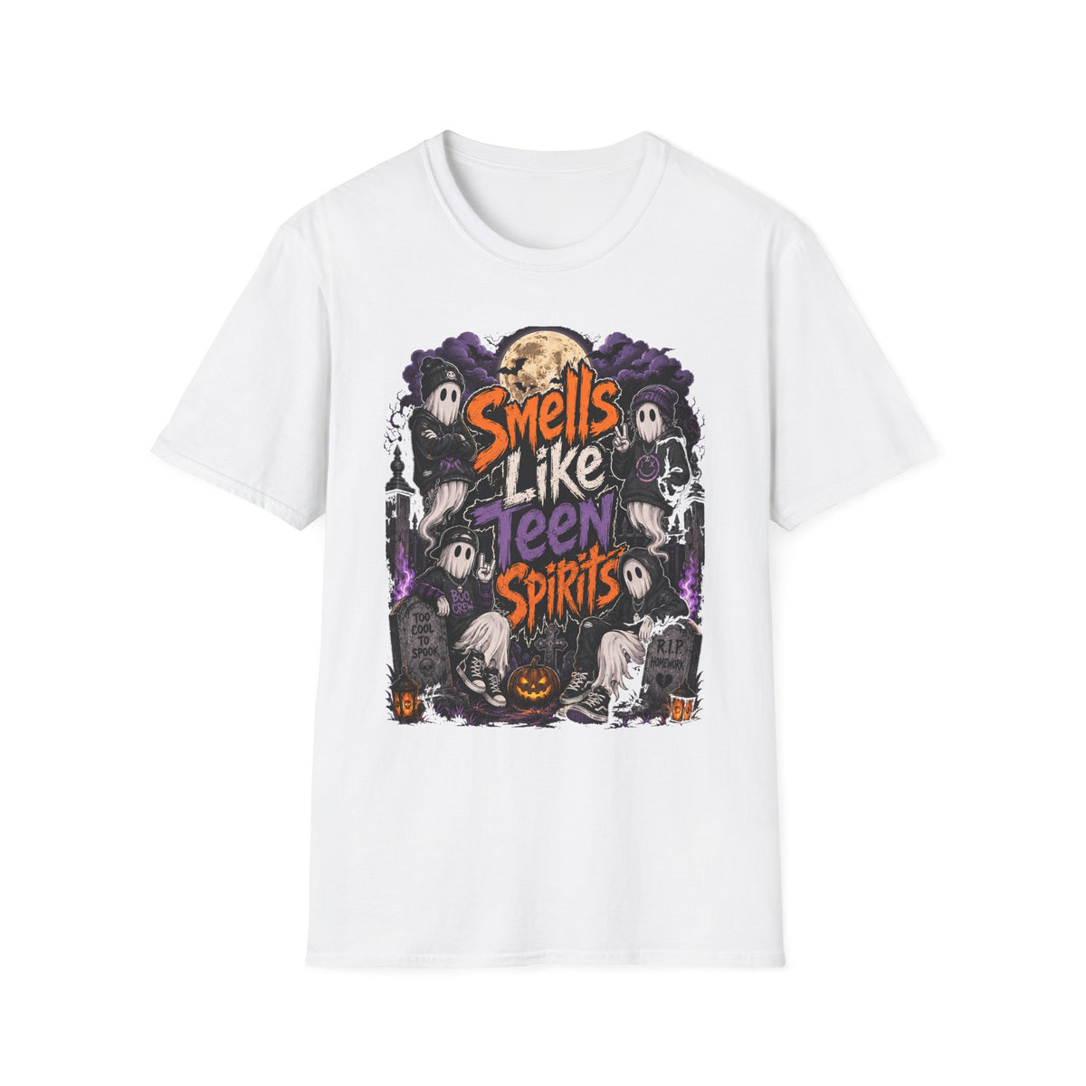 Smells Like Teen Spirits T-Shirt | Halloween Ghosts Moon Pumpkin Hip Hop | 1990's 2000's Nostalgia Throwback