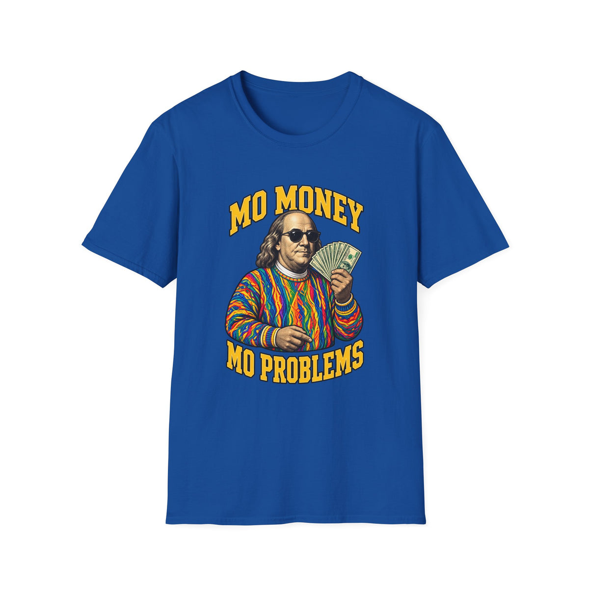 Benjamin Franklin holding cash Mo Money T-Shirt | Retro Money Humor | 1990's 2000's Nostalgia Throwback